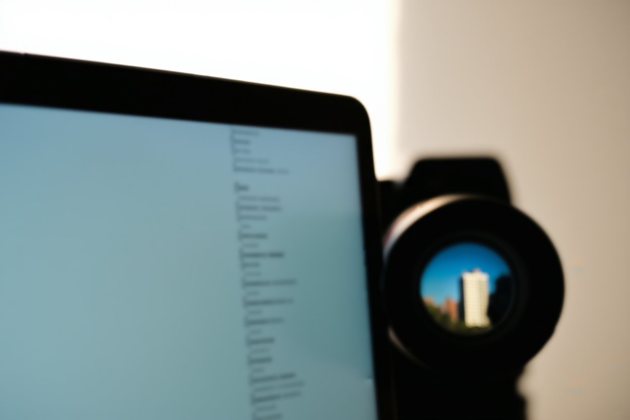 a laptop screen showing a keyword list next to a camera lens reflecting a cityscape