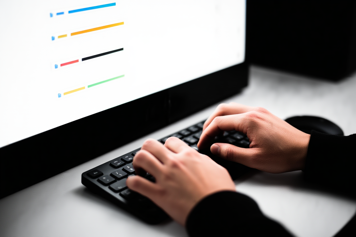 hands typing on a keyboard with a monitor displaying multiple file thumbnails and progress bars