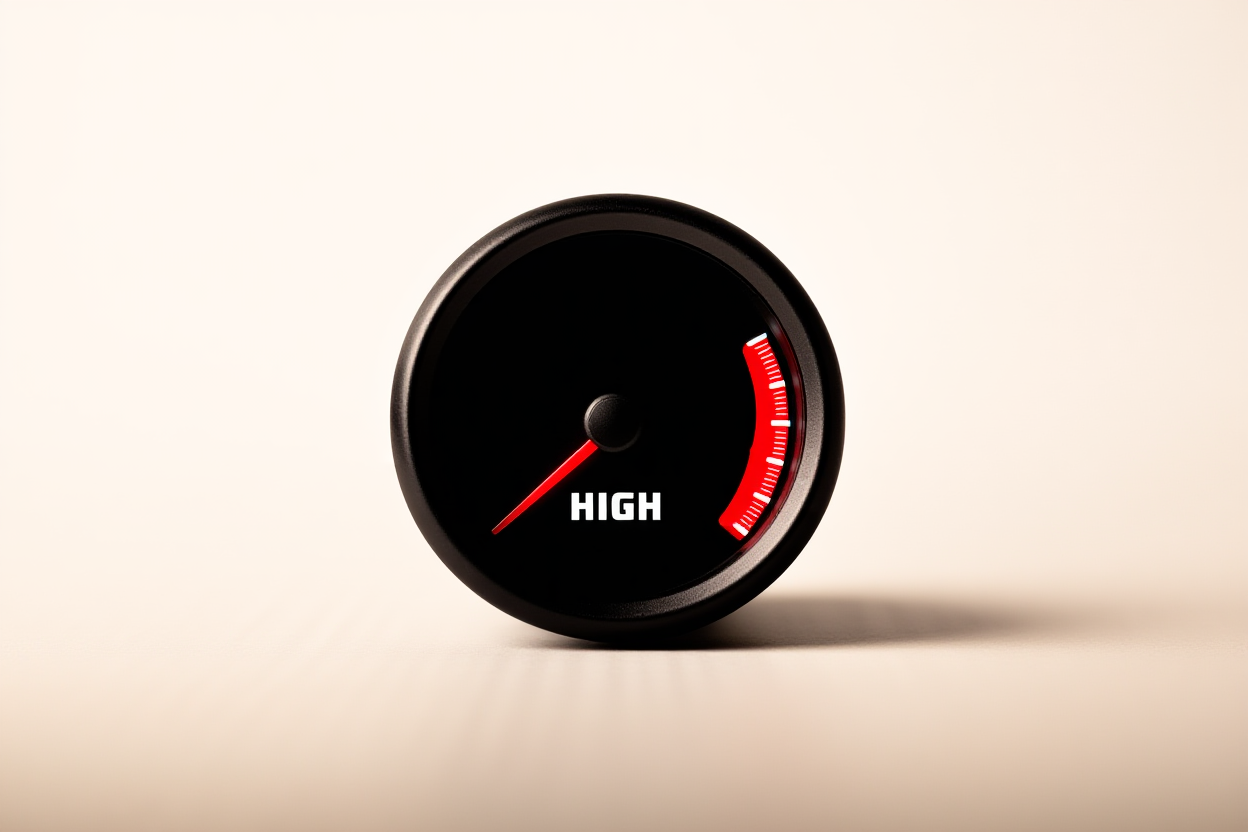 a speedometer gauge pointing to the high end next to a checklist of features