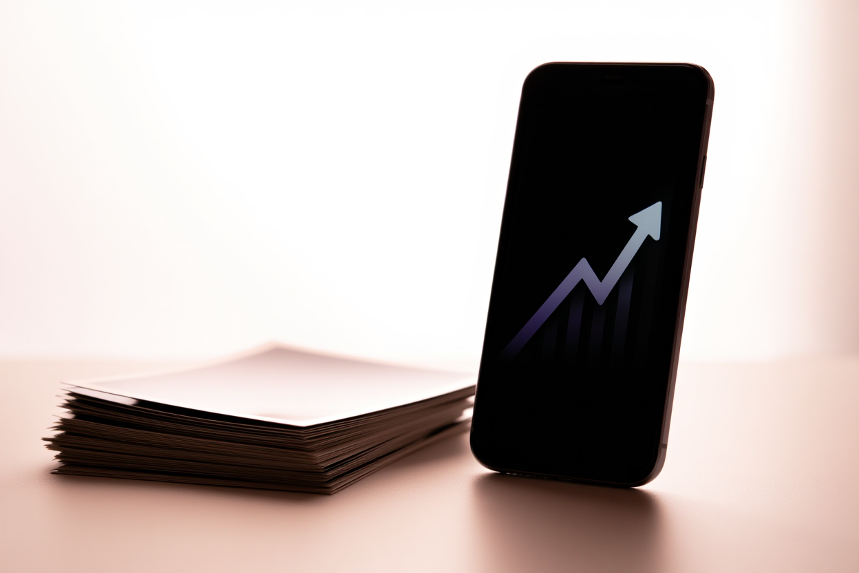 a smartphone displaying a rising sales graph next to a stack of printed photos