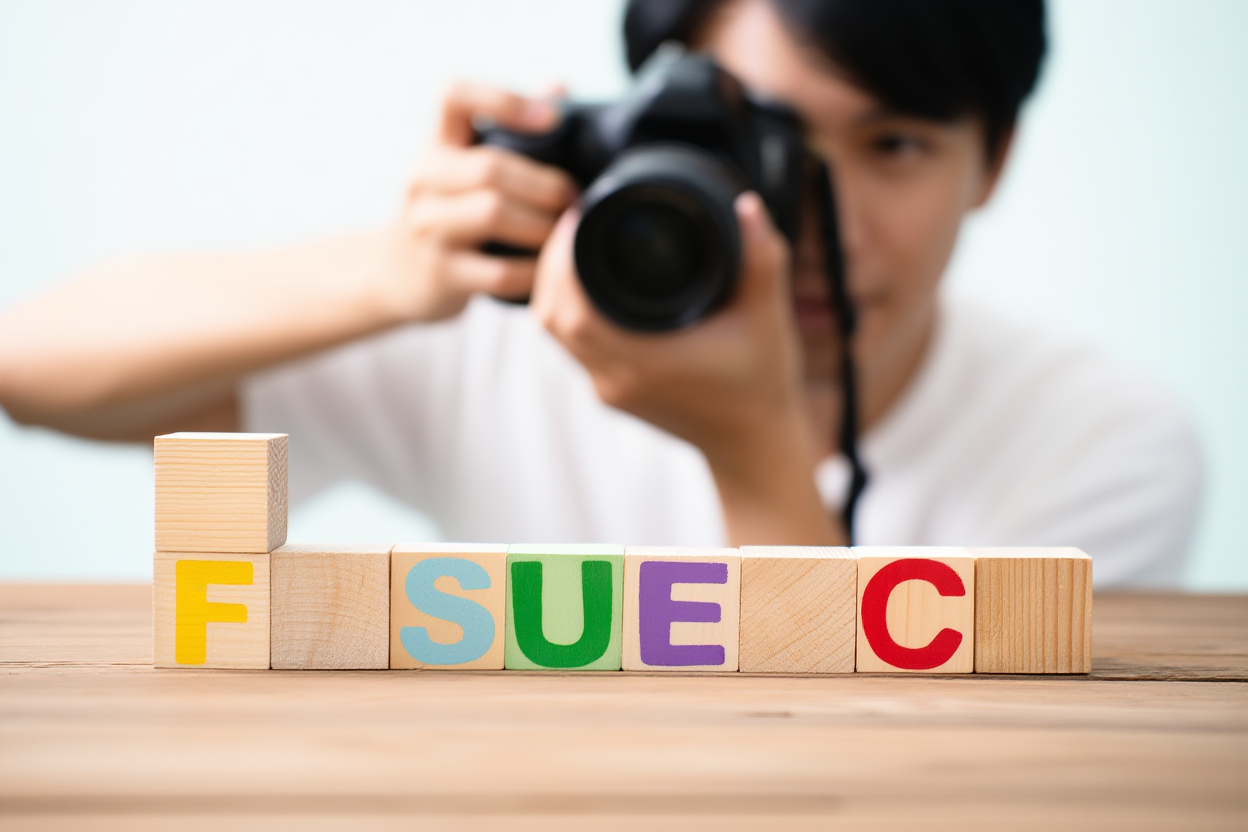 Un fotógrafo colocando cuidadosamente bloques de madera coloridos con letras sobre una mesa rústica, representando los elementos básicos