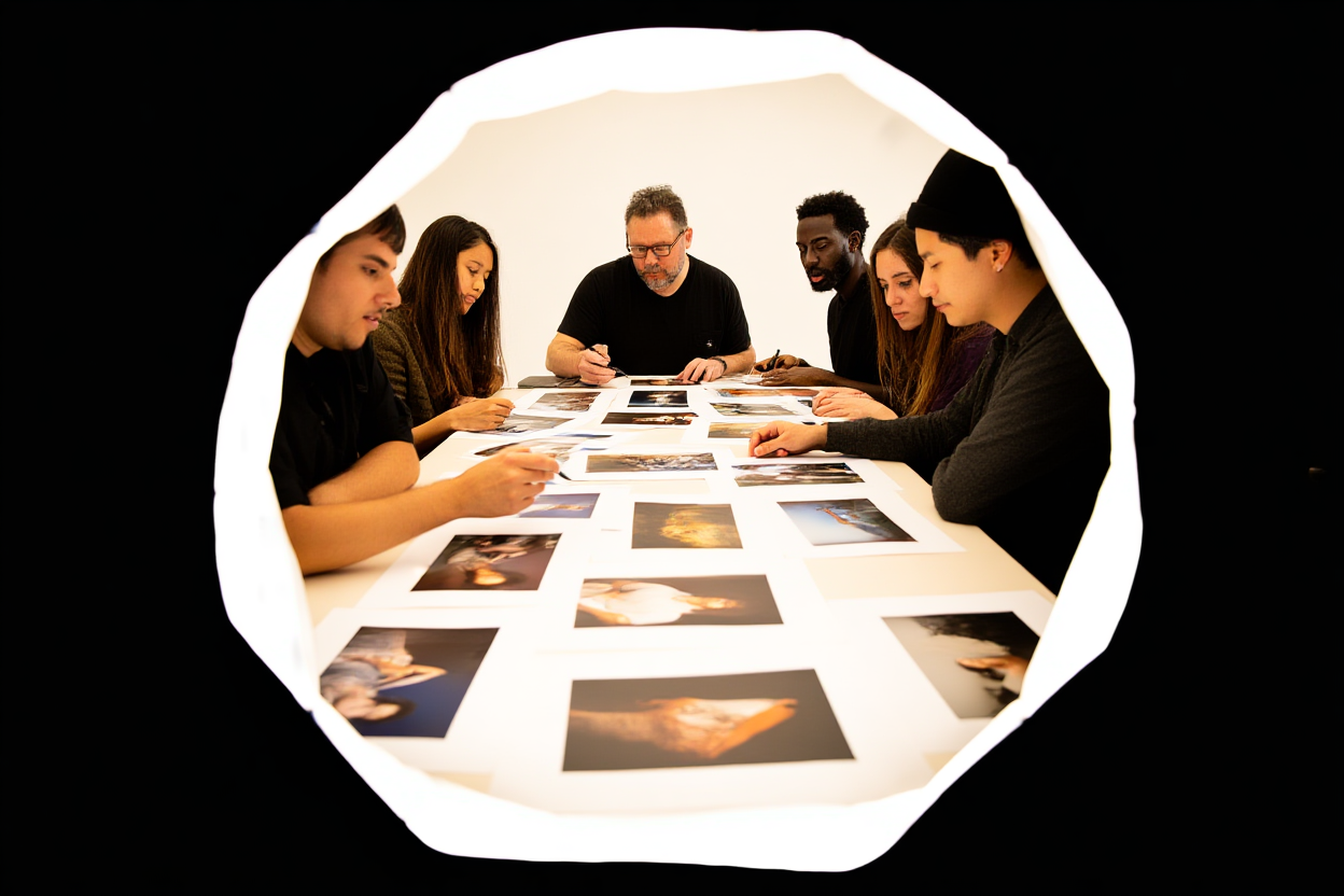 Un grupo diverso de fotógrafos de stock trabajando juntos en una gran mesa colaborativa con portátiles y pruebas impresas