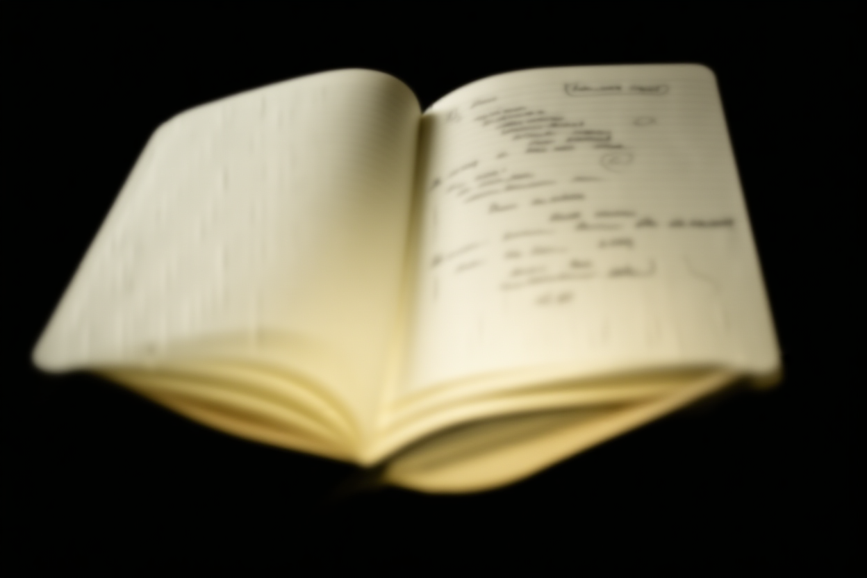 Ein aufgeräumter Arbeitsplatz mit einem Notizbuch, das offen zu handgezeichneten Diagrammen von Videoclips und Keywordlisten liegt