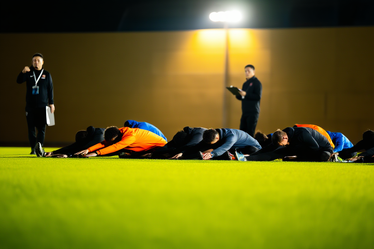 Ein Team von Athleten, das sich auf einem grünen Kunstrasenfeld unter hellen Stadionlaternen dehnt, während Trainer in der Nähe Stoppbretter halten