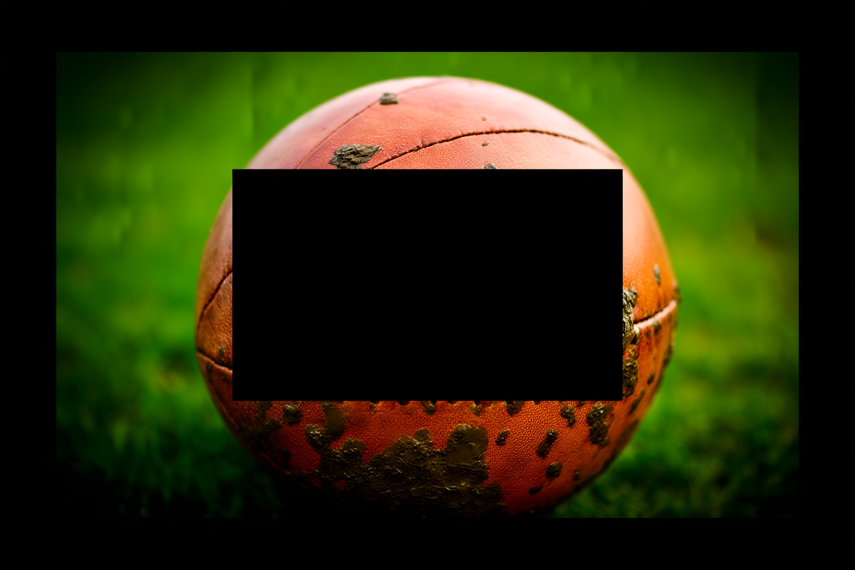 Eine Nahaufnahme eines abgenutzten Lederfußballs, der nach einem regnerischen Spiel auf nassem Gras ruht, mit sichtbaren Schmutzflecken