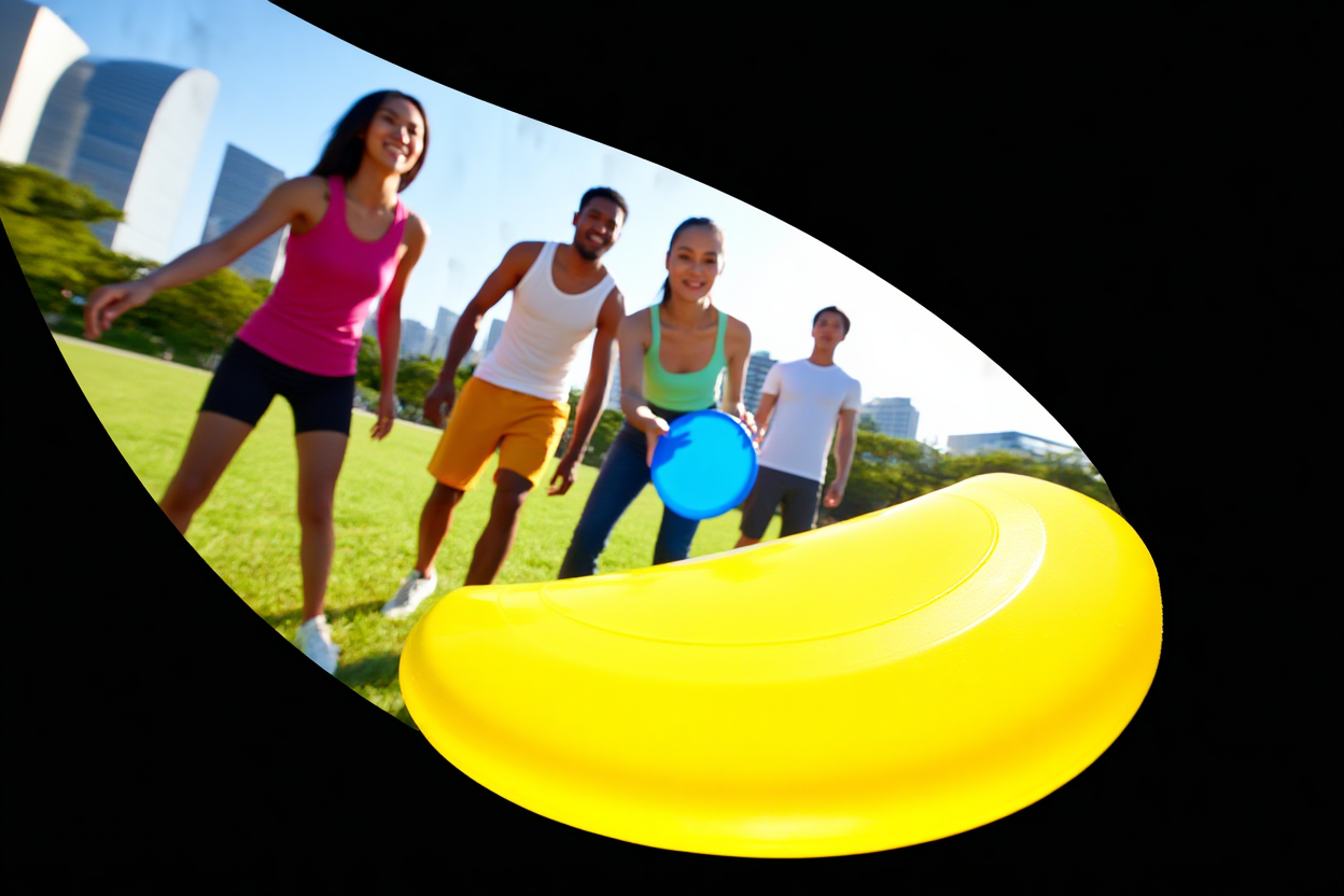 Eine Gruppe vielfältiger Freunde, die Frisbee in einem sonnigen Stadtpark spielen, mit modernen Gebäuden im Hintergrund