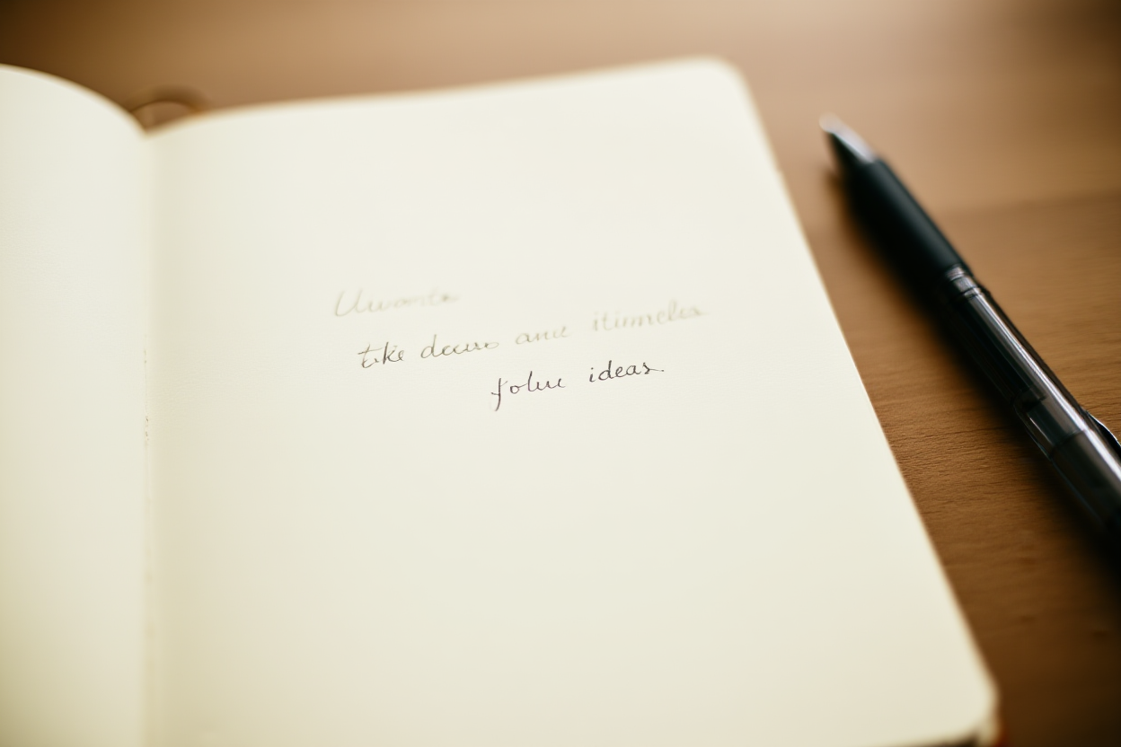 Ein Notizbuch mit Handgeschriebenen Titel-Ideen neben einem Stift, sanftes Schreibtischlicht, weites Landschaftsschuss