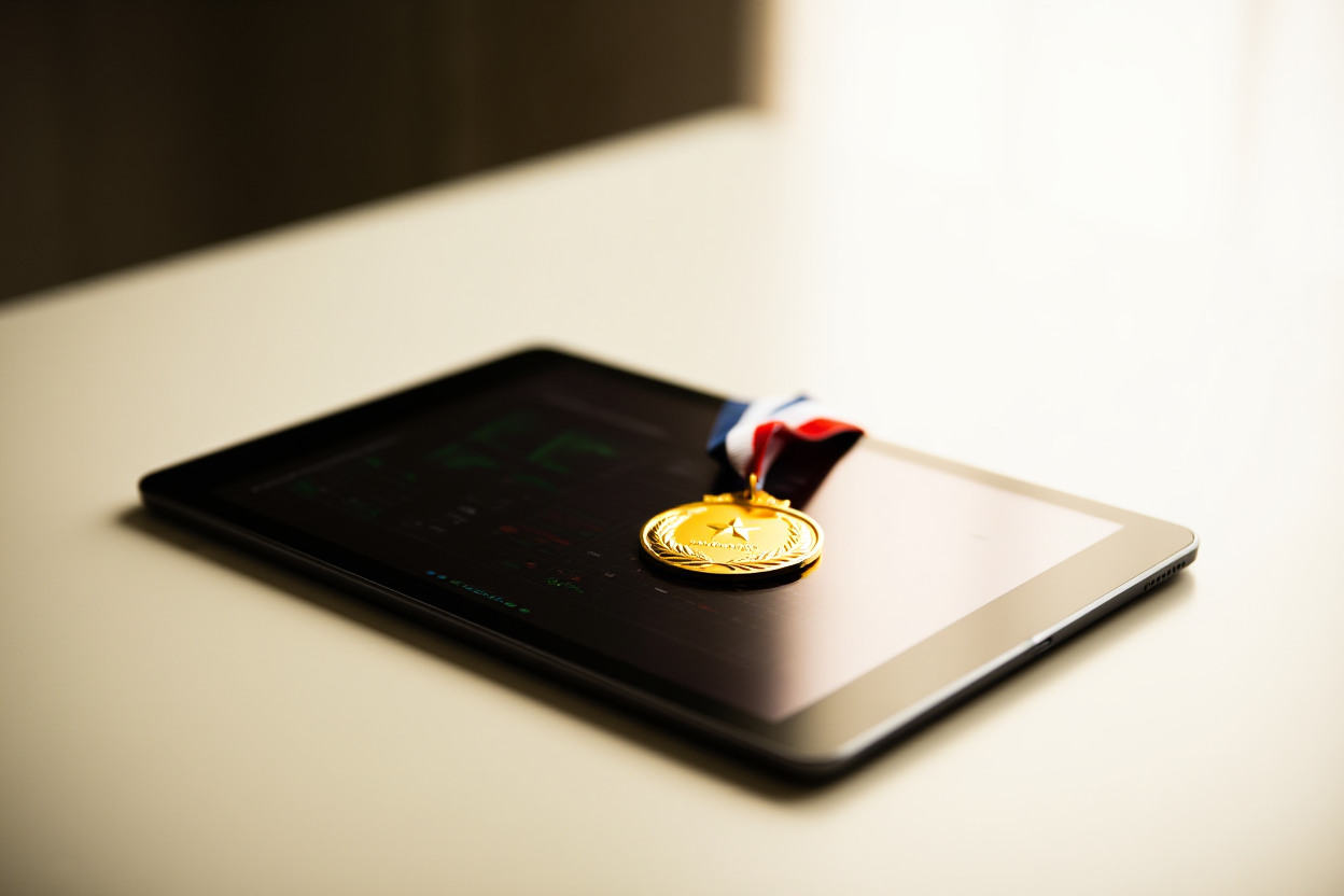 Eine Goldmedaille ruht auf einem digitalen Tablet, das Score-Metriken anzeigt, sanftes Bürolicht, weites Landschaftsschuss