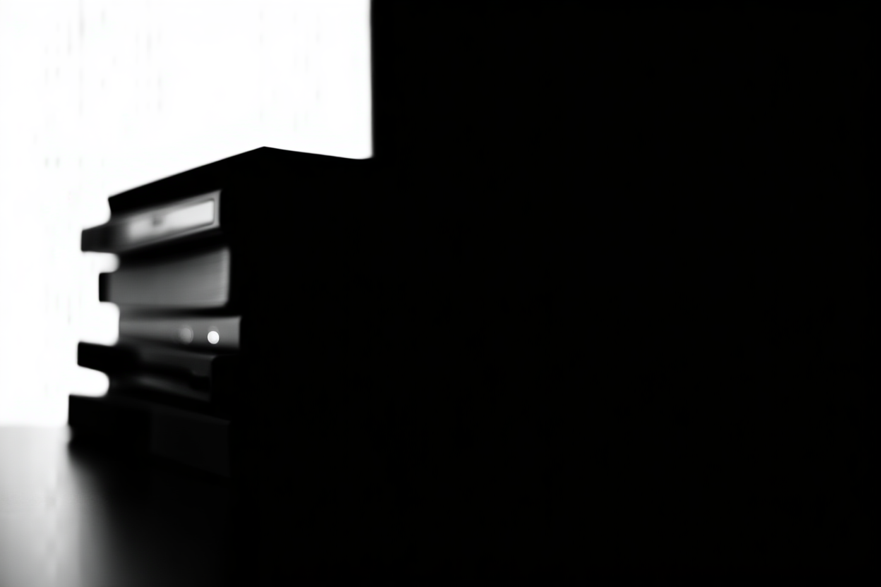 Ein Server-Rack mit blinkenden Lichtern neben einem Stapel von Fotobüchern, sanftes Tech-Licht, weites Landschaftsschuss