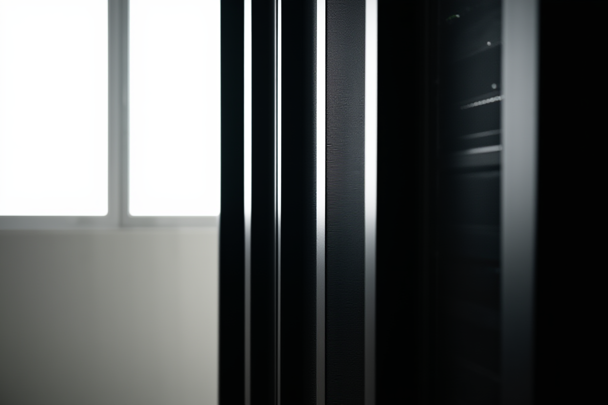 Ein Server-Rack mit blinkenden Lichtern, die Datenverarbeitung darstellen, sanftes natürliches Licht, weite Landschaftsaufnahme