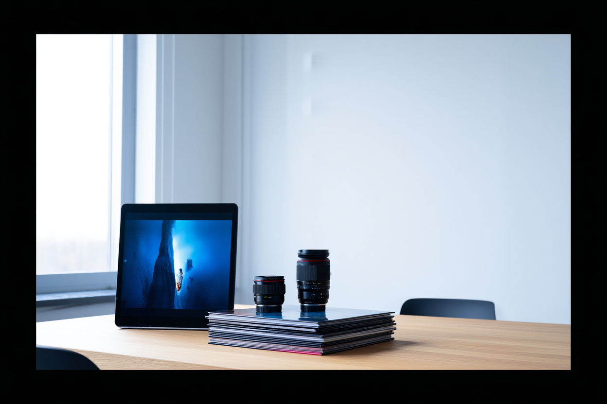 Un espacio de trabajo moderno con un monitor grande que muestra software de edición de vídeo vertical junto a una pila de fotos impresas