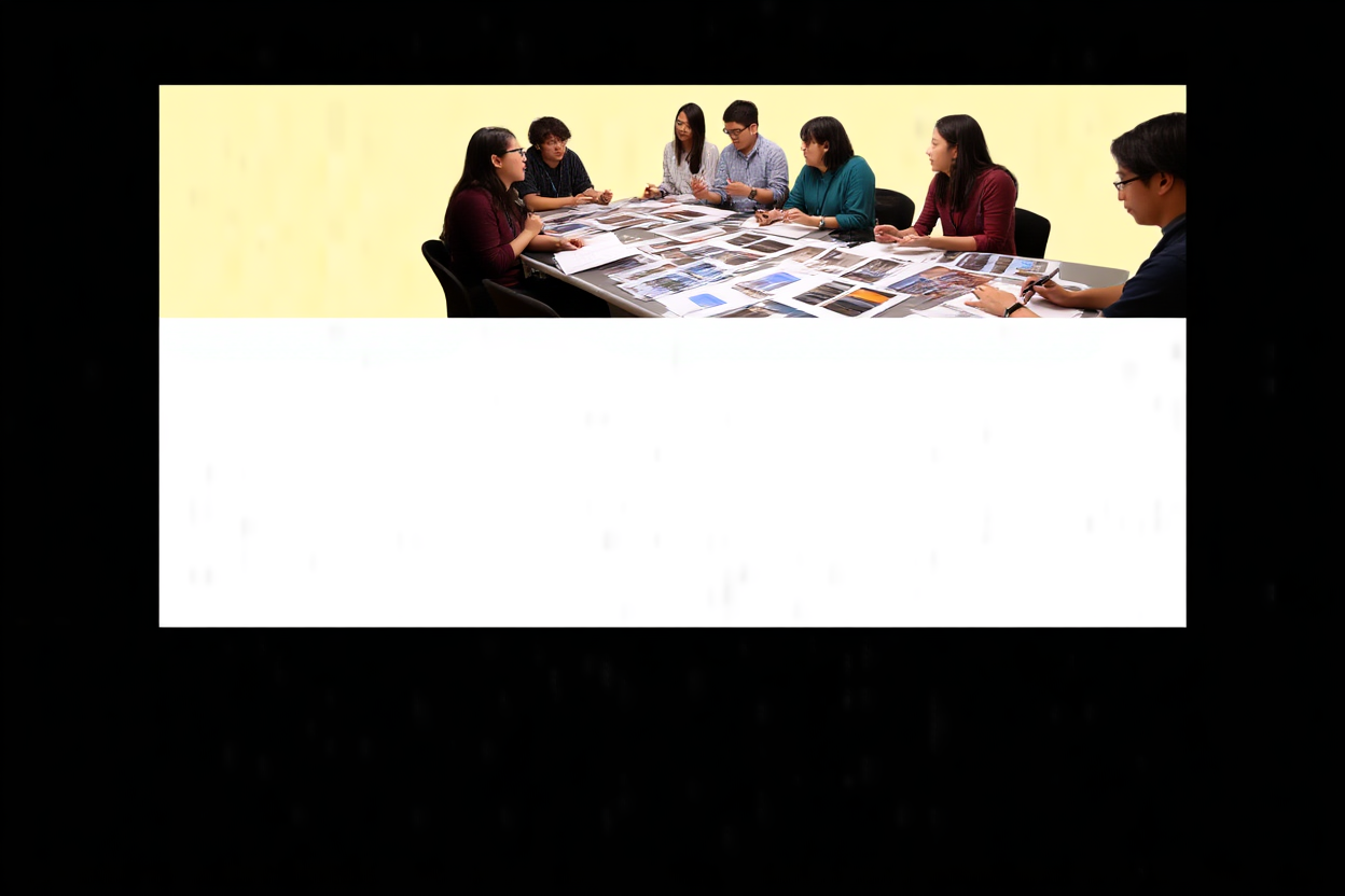 Un equipo de editores colaborando alrededor de una mesa grande cubierta con impresiones fotográficas impresas y tabletas digitales que muestran edi