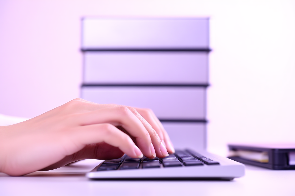 Una persona escribiendo en el teclado de un portátil con pilas de discos duros organizados en el fondo, sugiriendo gestión de datos