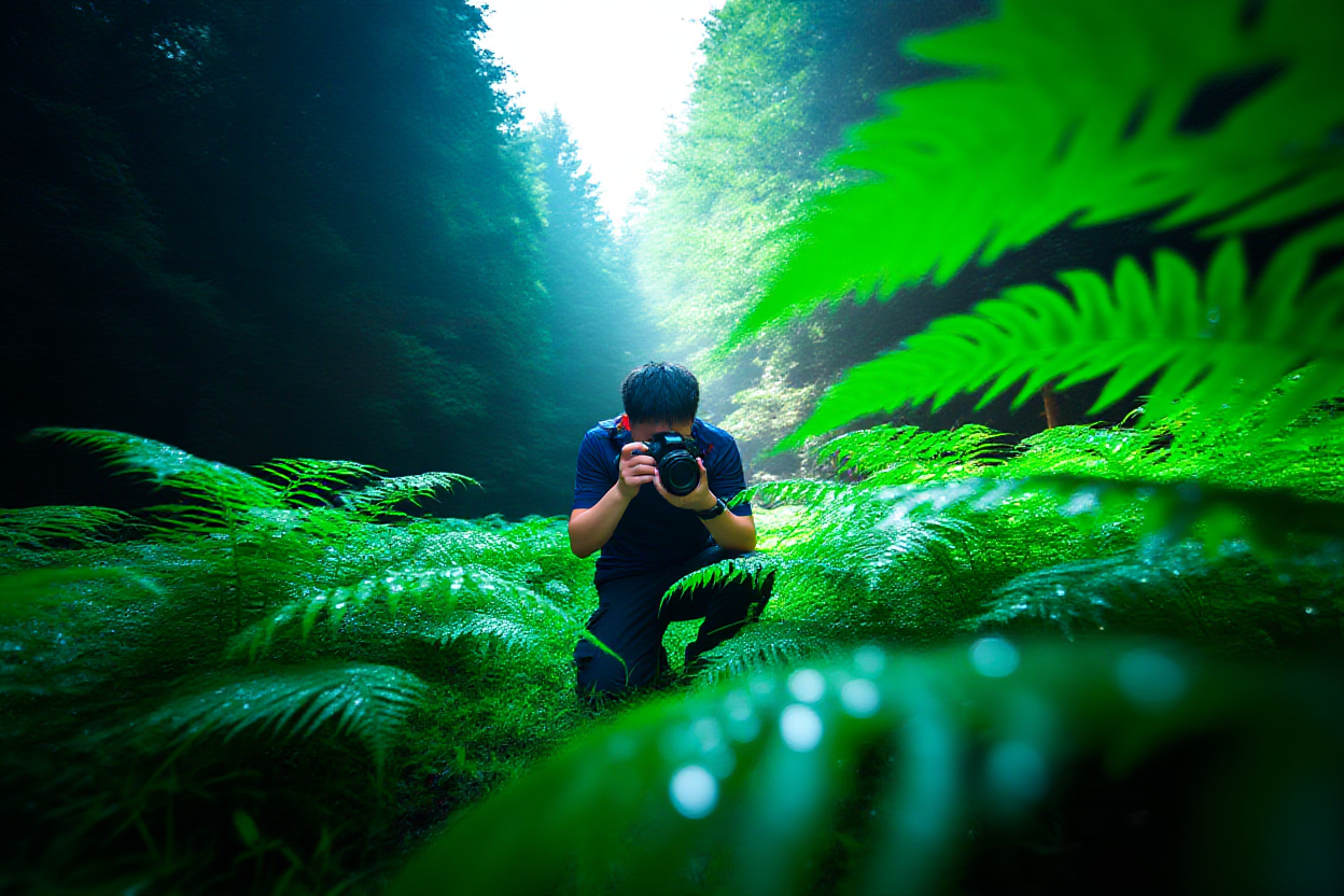 Ein Fotograf, der tief in einer üppigen grünen Waldlichtung hockt und eine DSLR-Kamera auf Taillenhöhe hält, um eine Nahaufnahme einzufangen