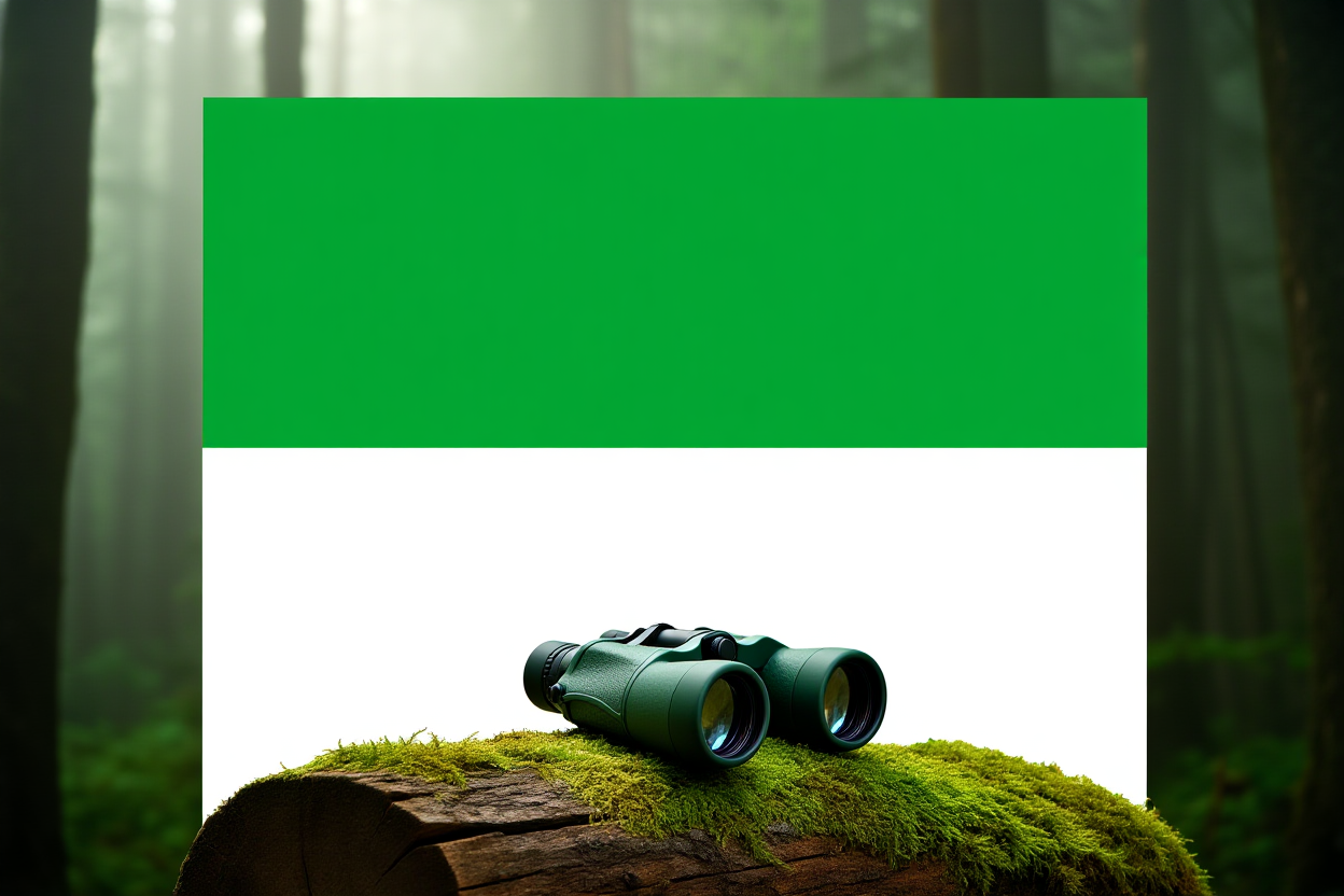 Ein Paar Ferngläser ruhen auf einem moosbedeckten Baumstamm in einer dichten Waldlandschaft mit sanftem Morgennebel, der um die Bäume steigt