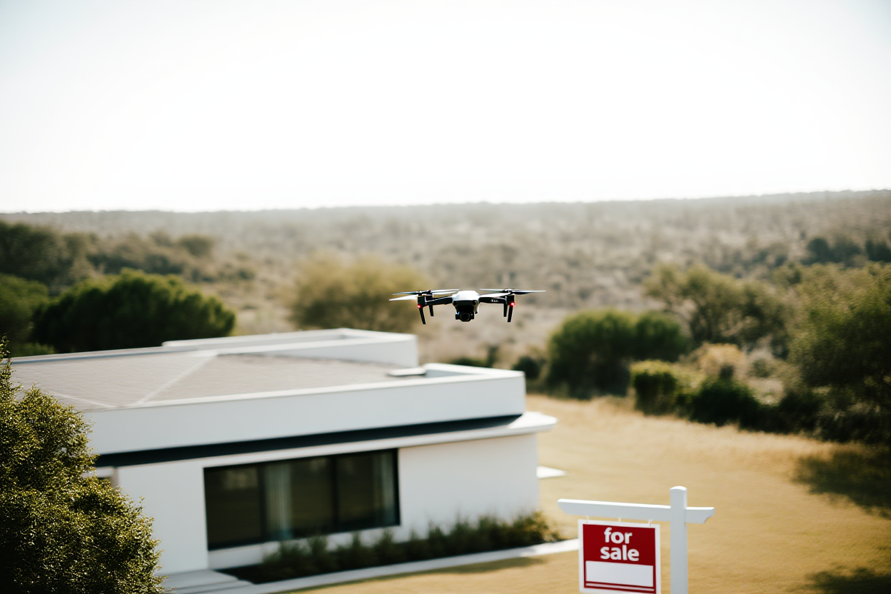 một drone bay qua một ngôi nhà hiện đại có biển bán hàng nhìn từ trên cao, ánh sáng ban ngày ấm áp, góc rộng