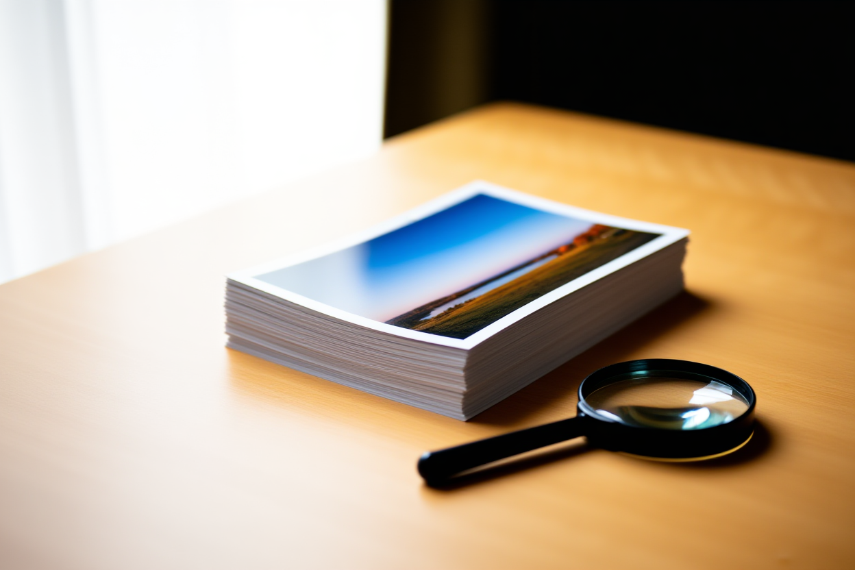 ein Stapel gedruckter Stockfotos auf einem Schreibtisch neben einer Lupe, weiches Tageslicht