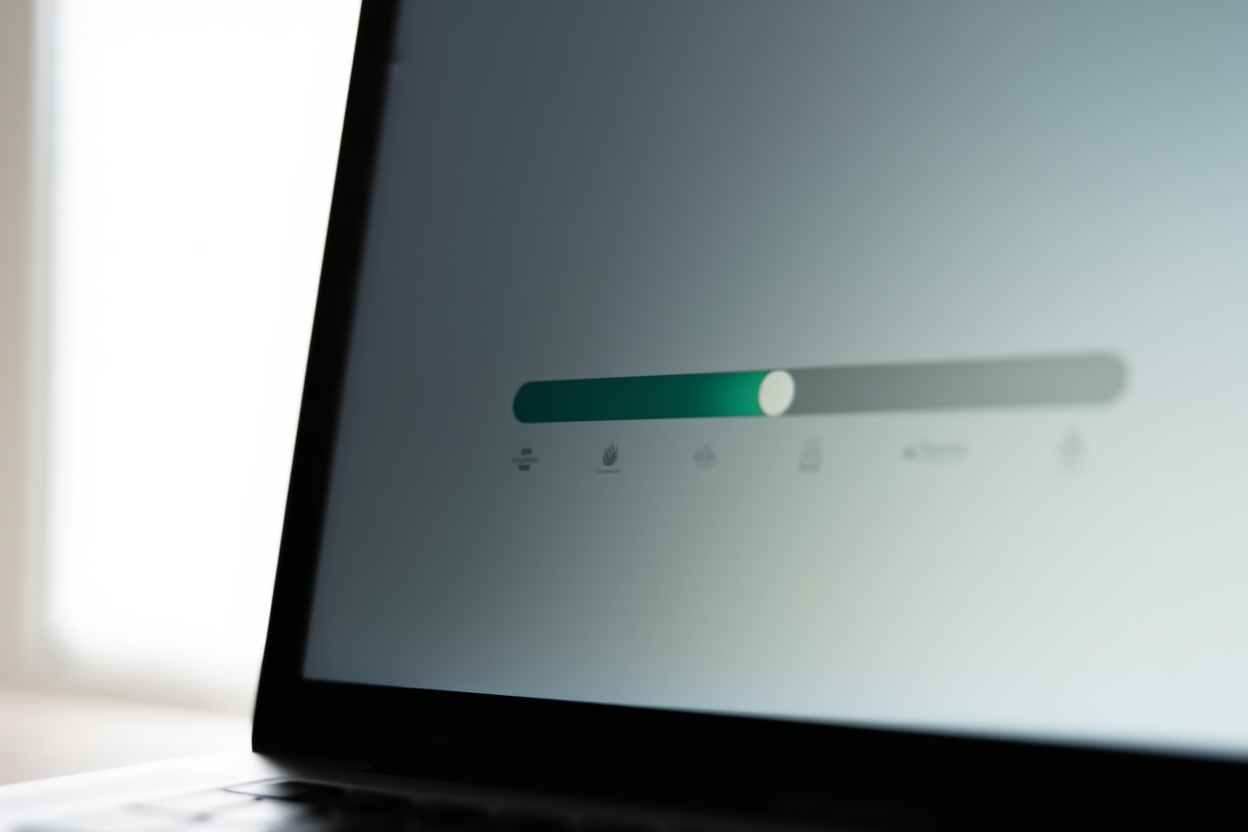 ein Laptop-Bildschirm, der eine Upload-Fortschrittsleiste mit mehreren Agenturlogos anzeigt, weiches natürliches Licht