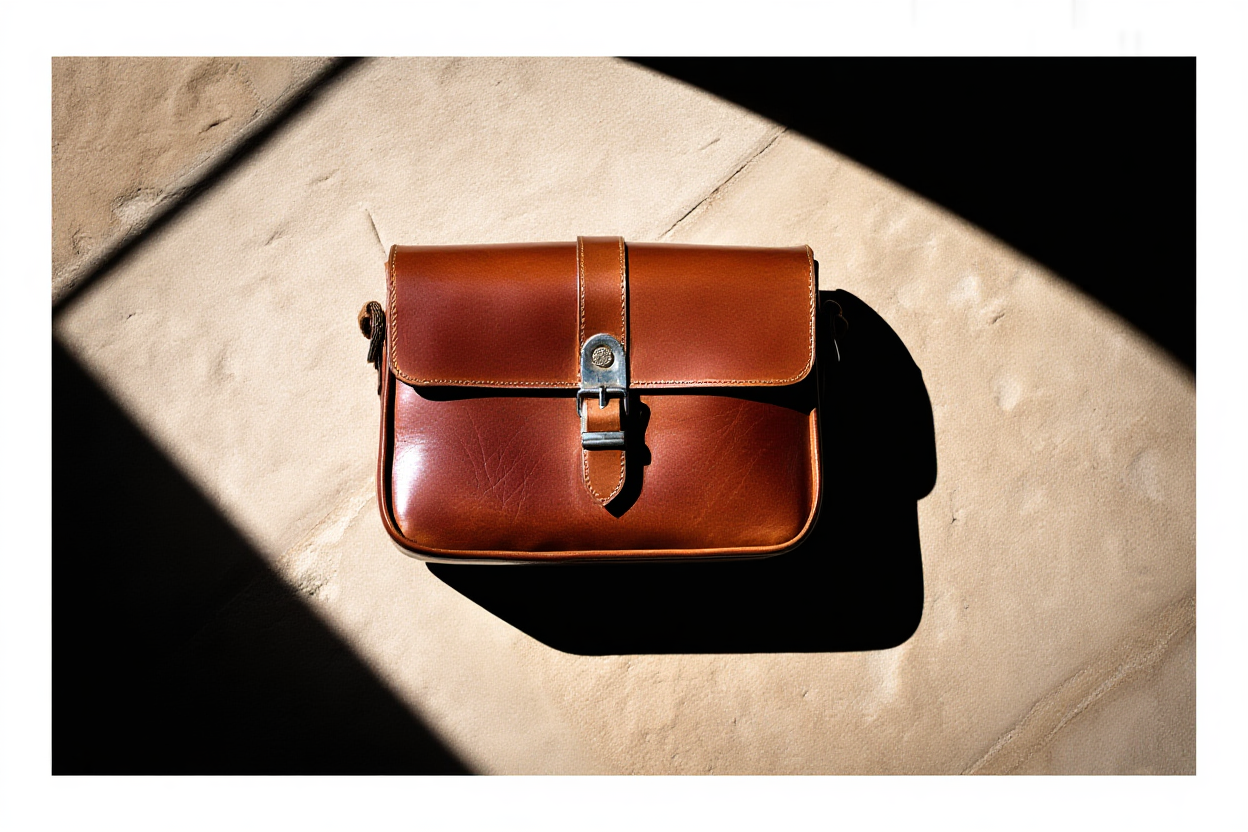Una borsa della macchina fotografica in pelle vintage appoggiata su un muro di pietra con la luce del sole che proietta lunghe ombre sulla superficie texturizzata,
