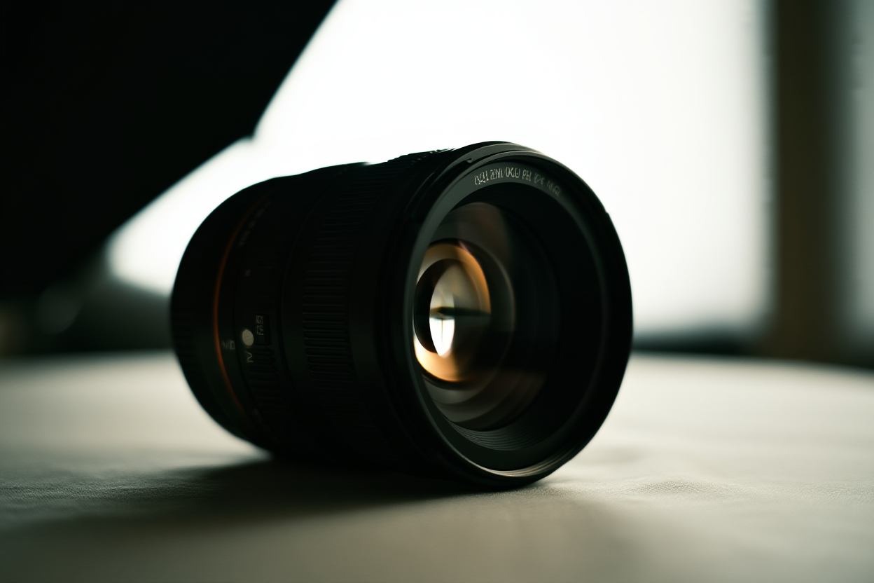 Una vista dettagliata di un obiettivo fotografico appoggiato su una superficie morbida in tessuto con luci bokeh sullo sfondo che suggeriscono uno studi,