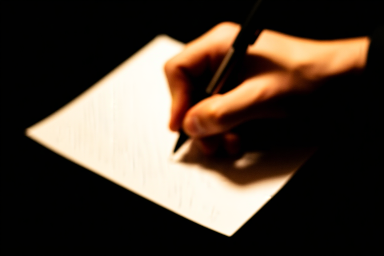 Un primo piano di una mano che tiene una penna scrivendo note su carta con la luce naturale che illumina la pagina,