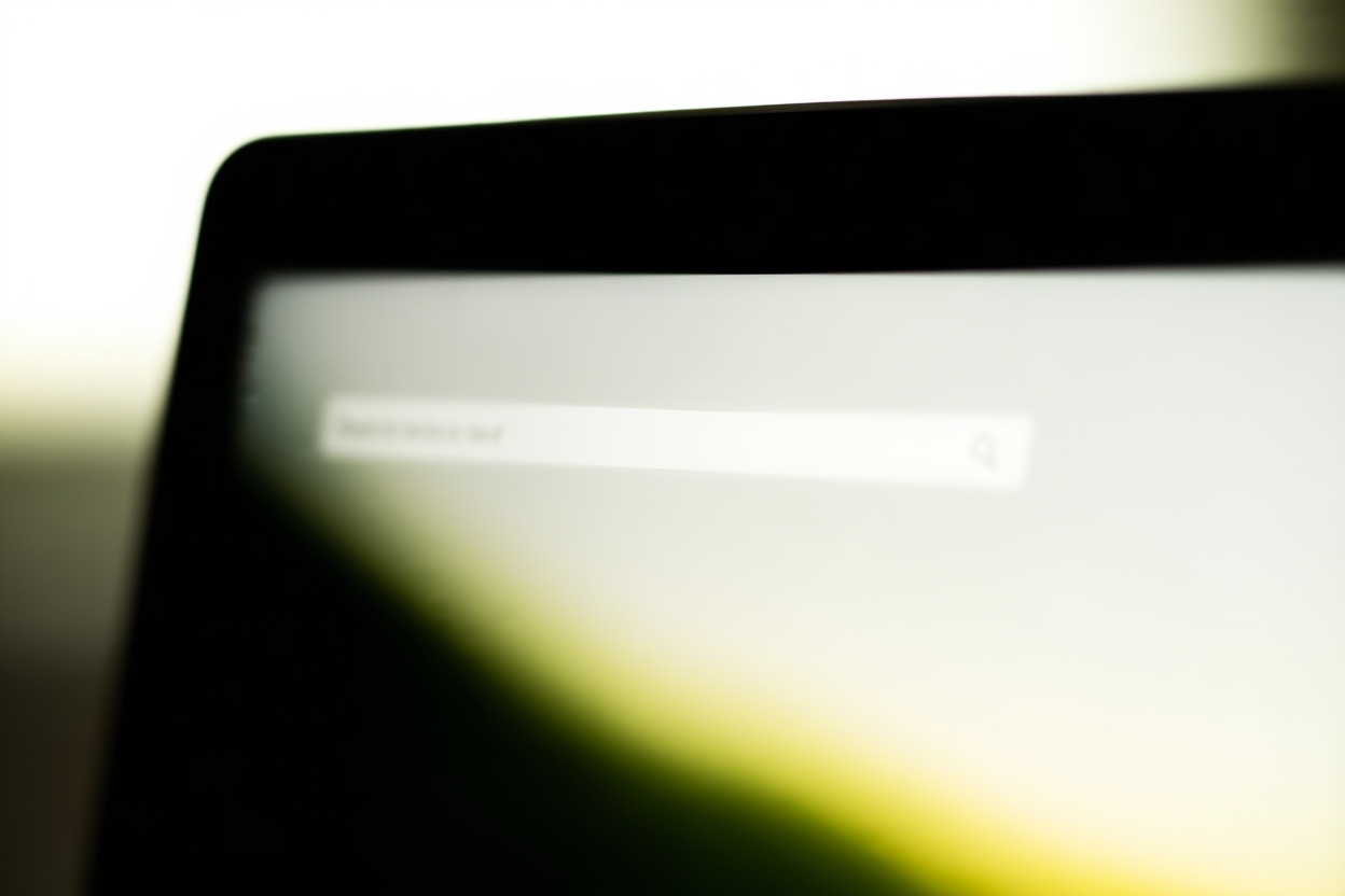 eine Suchleiste auf einem Laptop-Bildschirm, die Stockfoto-Keywords anzeigt, weiches Tageslicht, breites Landschaftsfoto