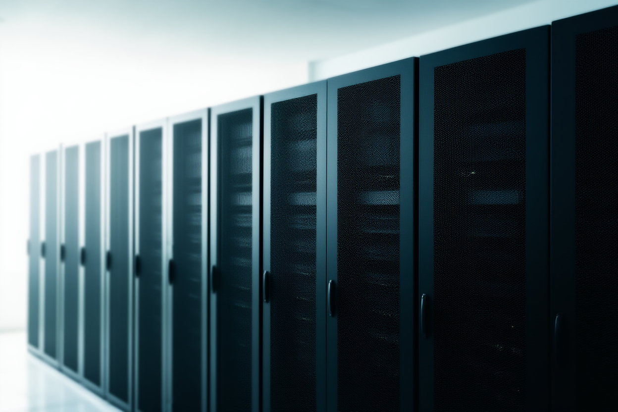 ein Server-Rack mit blinkenden Indikatorleuchten, weiches Tageslicht, breites Landschaftsfoto