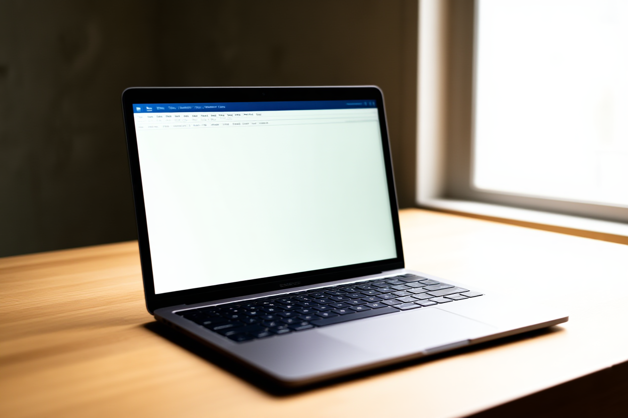 a laptop displaying a spreadsheet with keyword columns on a light wooden desk, soft daylight, wide landscape shot