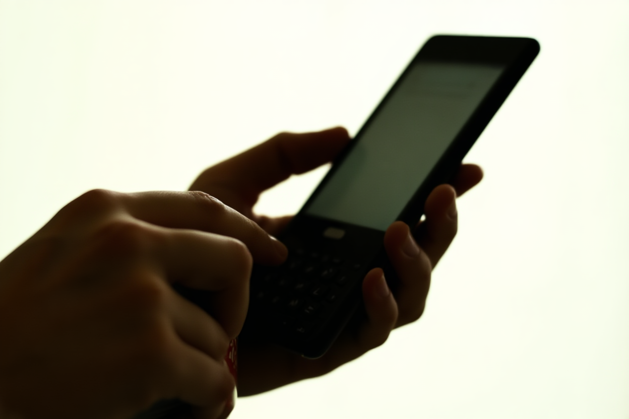 a hand holding a smartphone typing on a compact keyboard next to a coffee cup, soft daylight, wide landscape shot