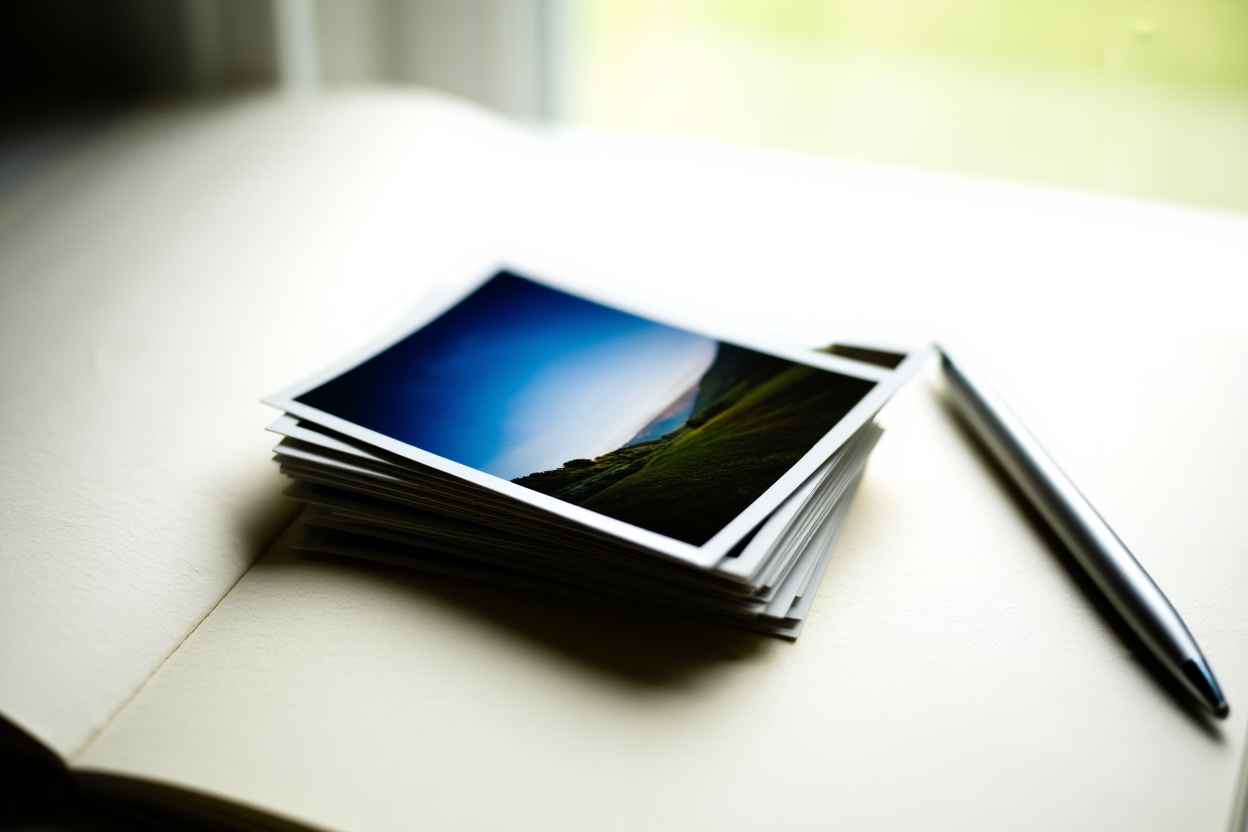 a stack of printed photographs next to a silver pen on a textured notebook, soft daylight, wide landscape shot