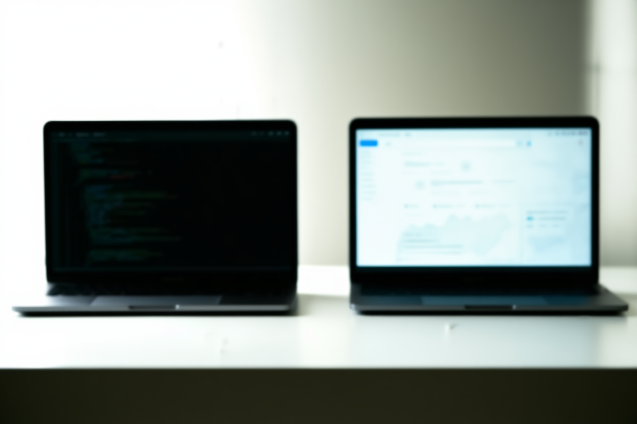 two laptops side by side on a white desk, one showing code and the other a dashboard interface, soft daylight, wide land