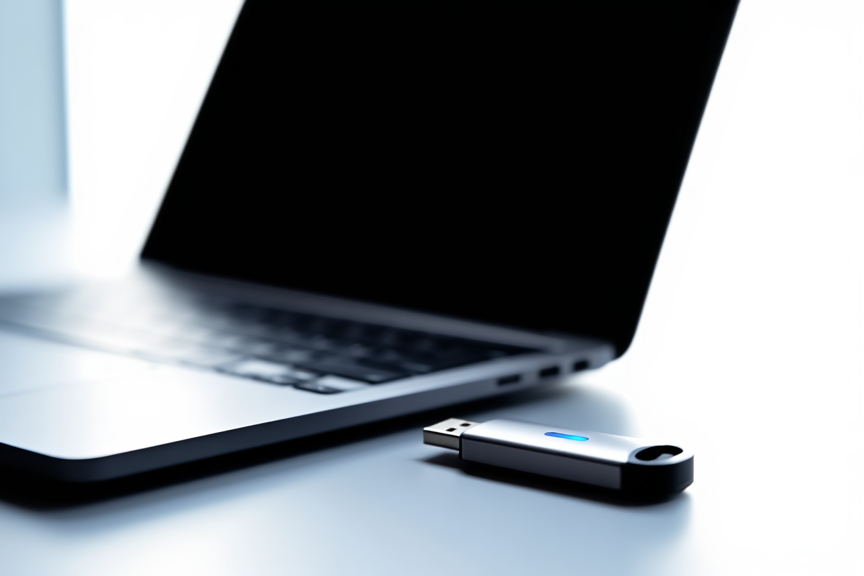 a silver USB flash drive connected to a modern laptop keyboard with a subtle blue light indicator, soft daylight, wide l
