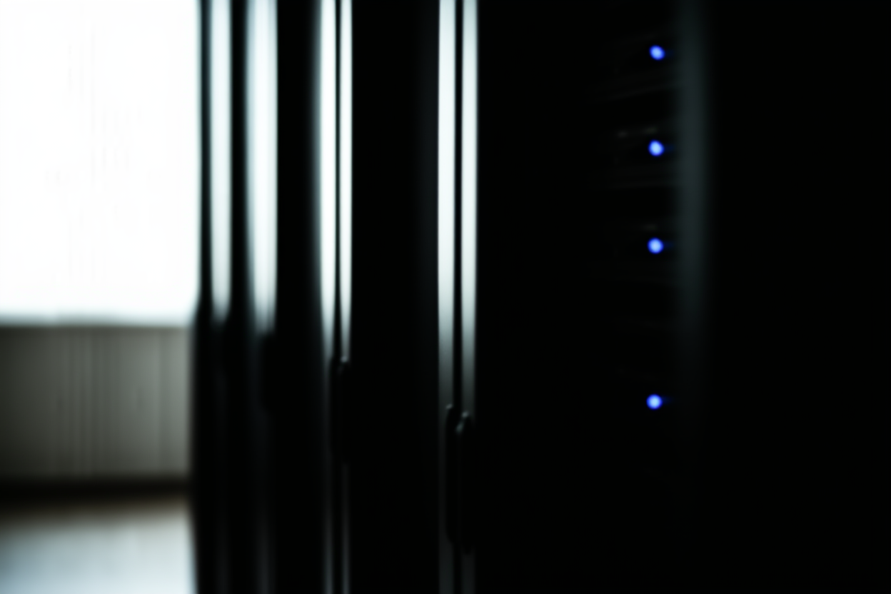 a server rack in a dimly lit room with rows of blue indicator lights, soft daylight, wide landscape shot