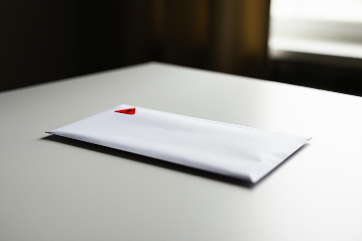a red warning sticker on a white envelope resting on a desk surface, soft daylight, wide landscape shot