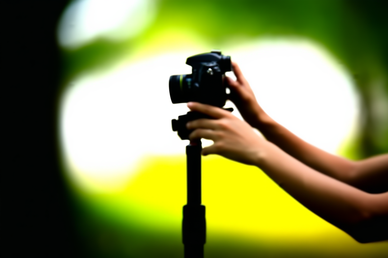 丈夫な三脚にマウントされた高級DSLRカメラのレンズで焦点を慎重に合わせている写真家の手のクローズアップショット