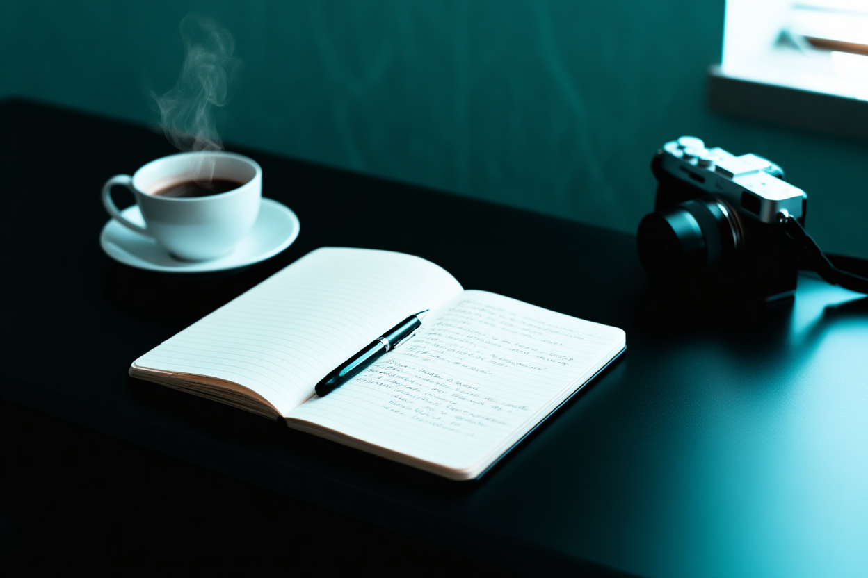 Ein aufgeräumter Heimbürotisch mit dampfender Tasse Kaffee, einem offenen Notizbuch mit handschriftlichen Notizen zum Fotokonzept