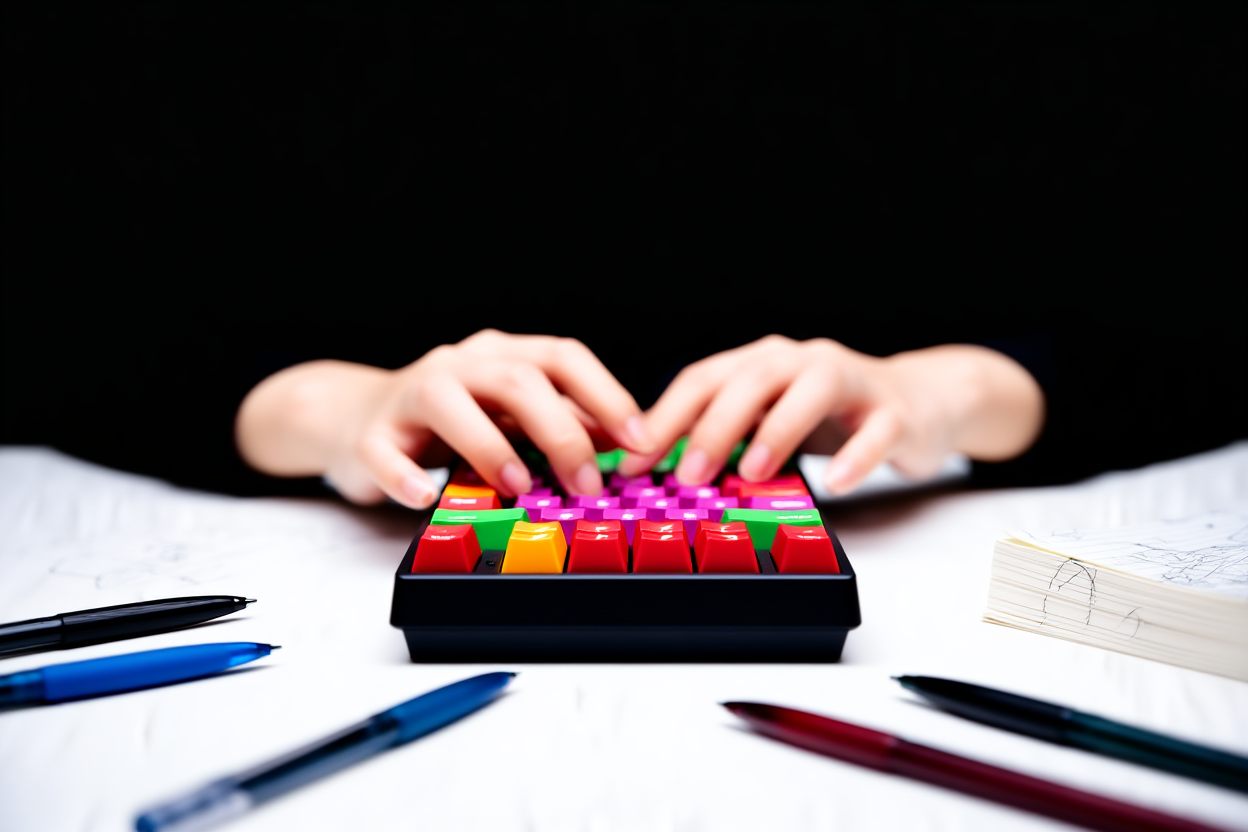 Eine Nahaufnahme von Händen, die auf einer mechanischen Tastatur mit bunten Keycaps tippen, umgeben von verstreuten Stiften und einem Notizblock fi