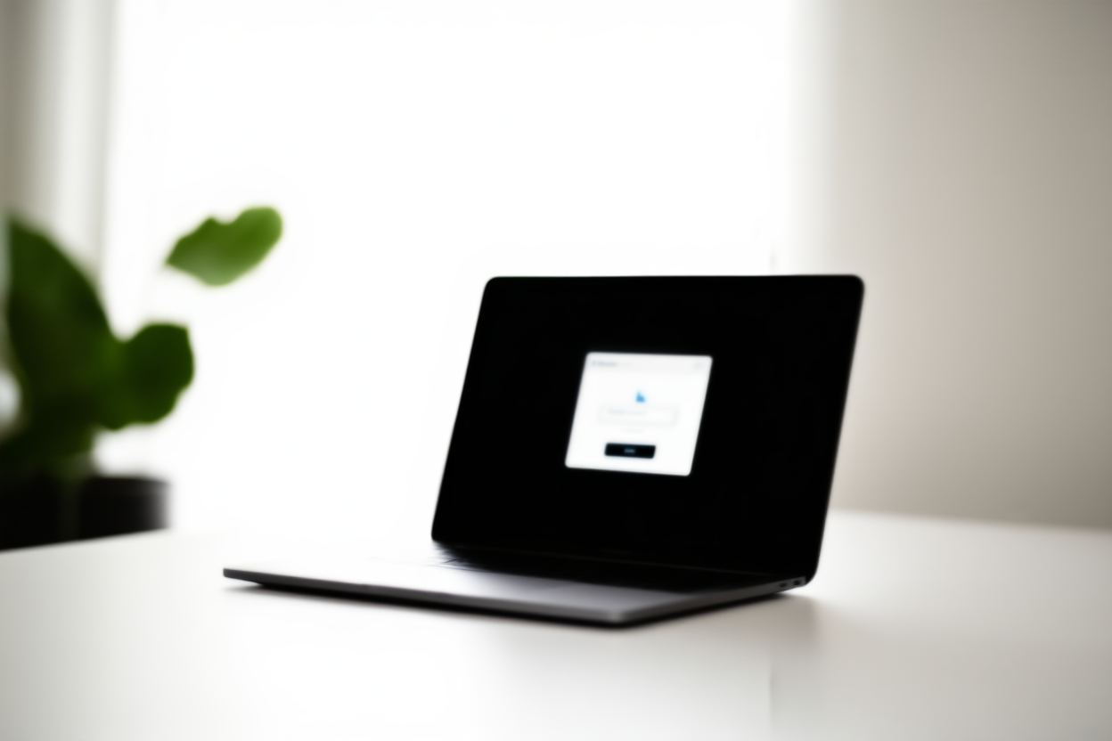 ein moderner Laptop zeigt eine Datei-Upload-Schnittstelle auf einem minimalistischen weißen Schreibtisch mit einer Topfpflanze in der Nähe, weches Morgenlicht