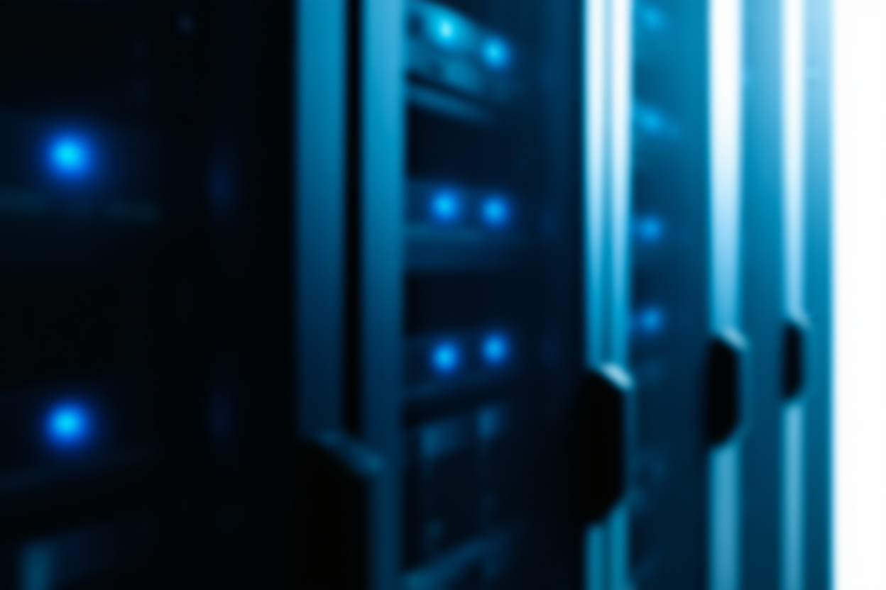 ein großer Server-Rack mit blinkenden blauen Lichtern in einem kühl-tonigen Rechenzentrumsgang, weiche Fokus-Tiefe des Feldes, weitwinklig