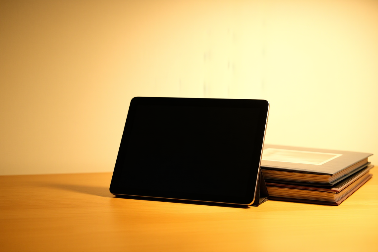 ein ordentlich organisierter Schreibtisch mit einem Stapel Fotoalben und einem digitalen Tablet, warme Umgebungsbeleuchtung, weitwinklige Aufnahme