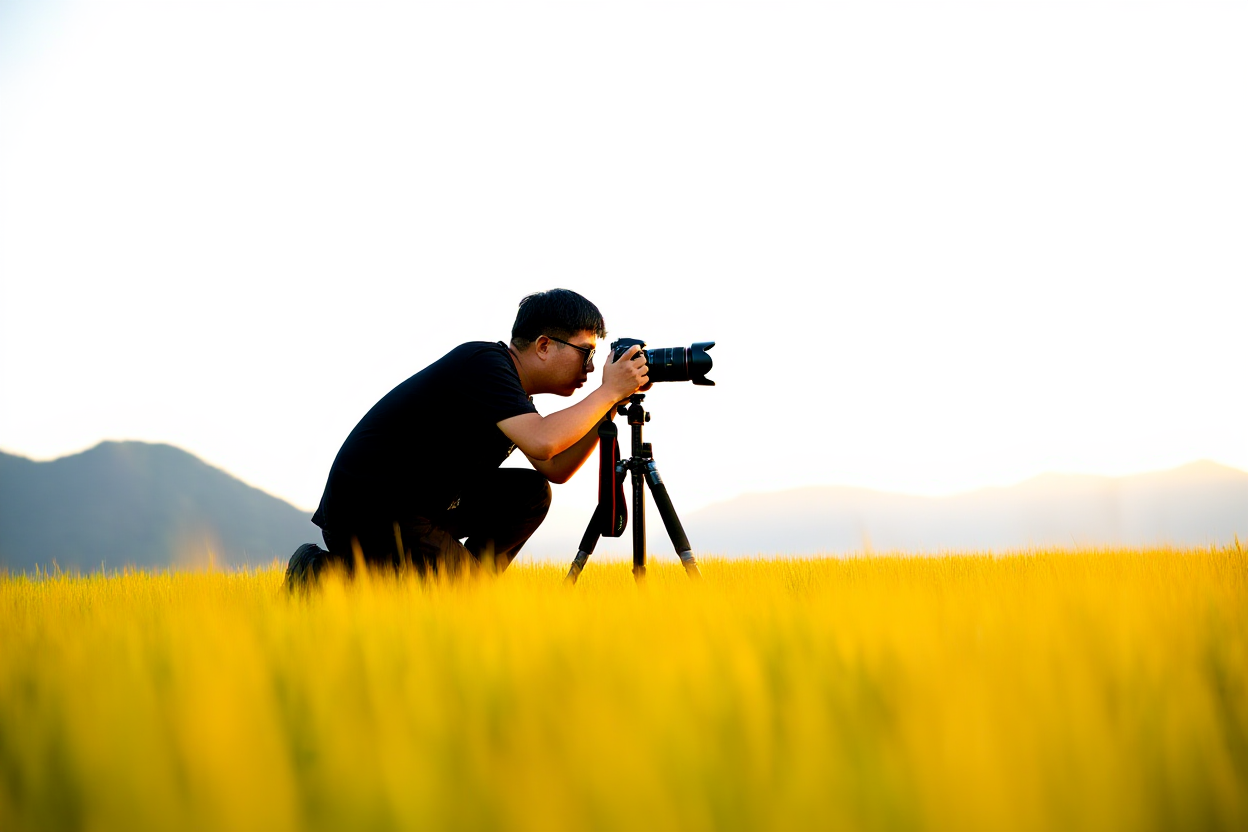 Un fotógrafo profesional arrodillado en la alta hierba dorada al amanecer ajustando una DSLR en un trípode con montañas distantes