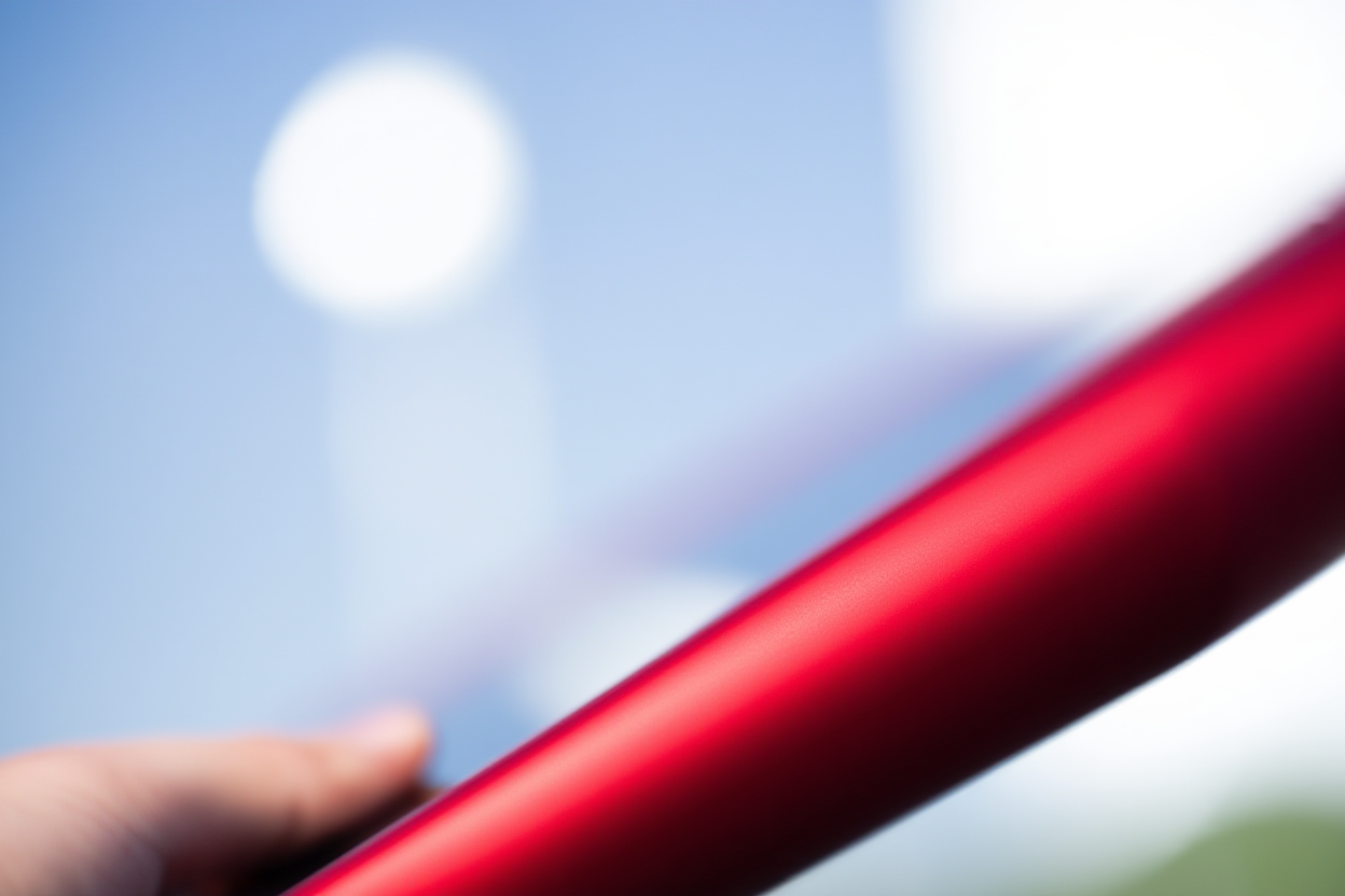 Un primer plano de una mano presionando un gran botón rojo en un dispositivo metálico elegante con luces bokeh suaves en el fondo
