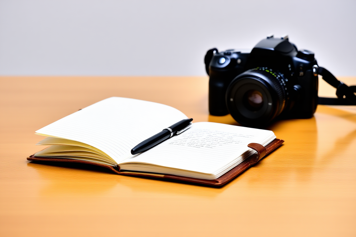 Un escritorio de madera ordenado con un cuaderno encuadernado en cuero abierto mostrando palabras clave escritas a mano junto a una cámara DSLR vintage
