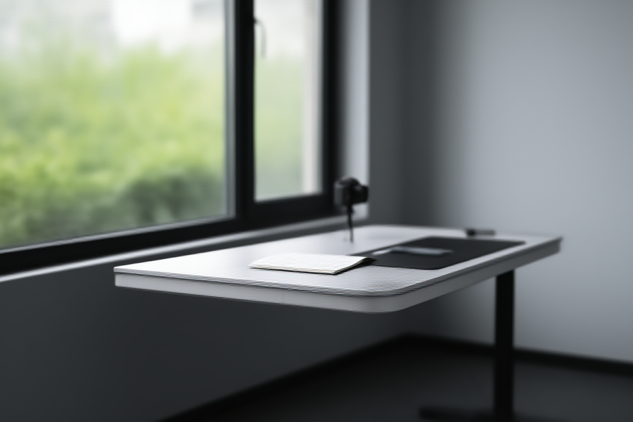 Un espacio de trabajo moderno y elegante con una gran ventana que muestra vegetación afuera, presentando un escritorio minimalista con un h