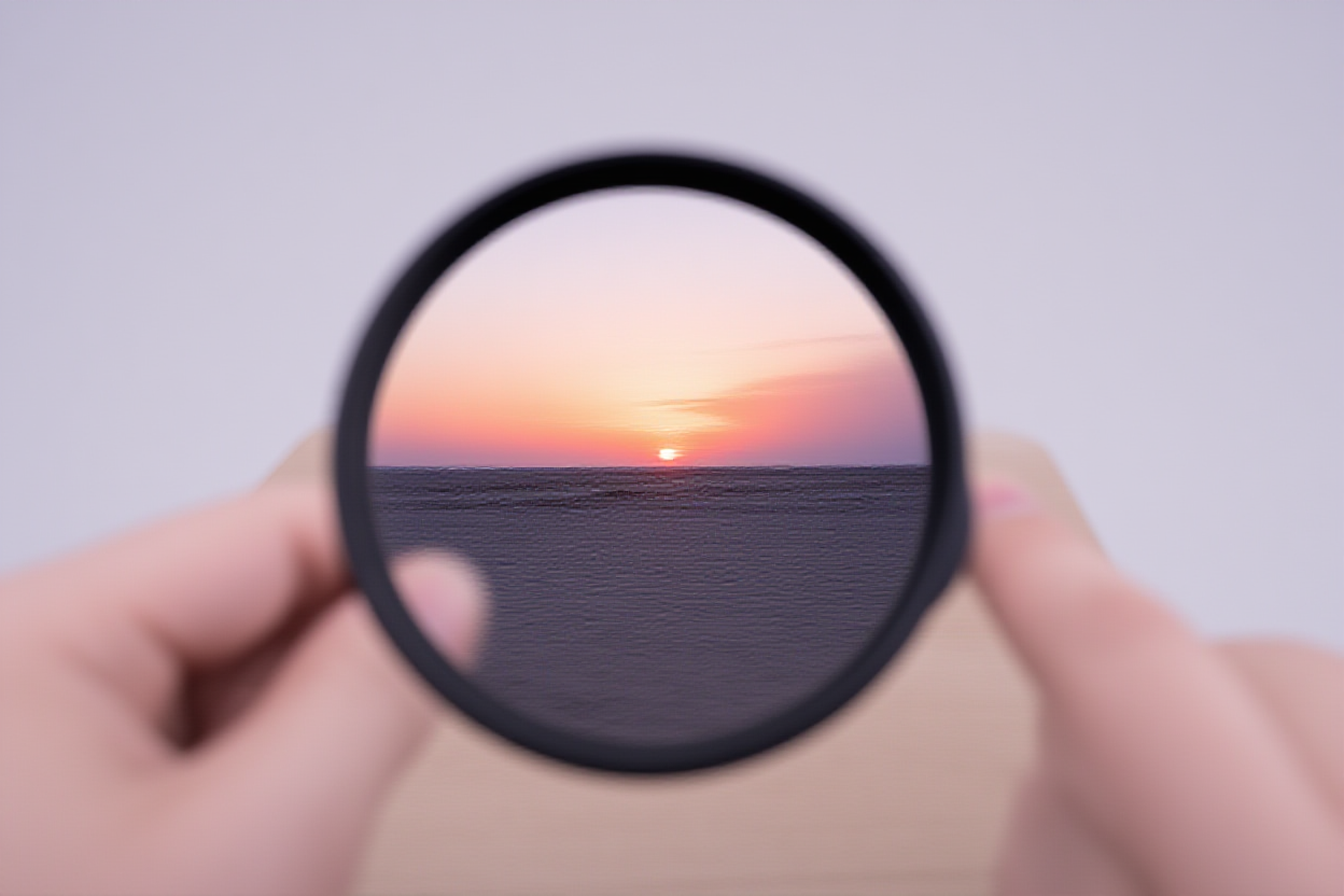 Un primer plano de una mano sosteniendo una lupa sobre una fotografía vibrante de una escena de playa al atardecer colocada en un sur