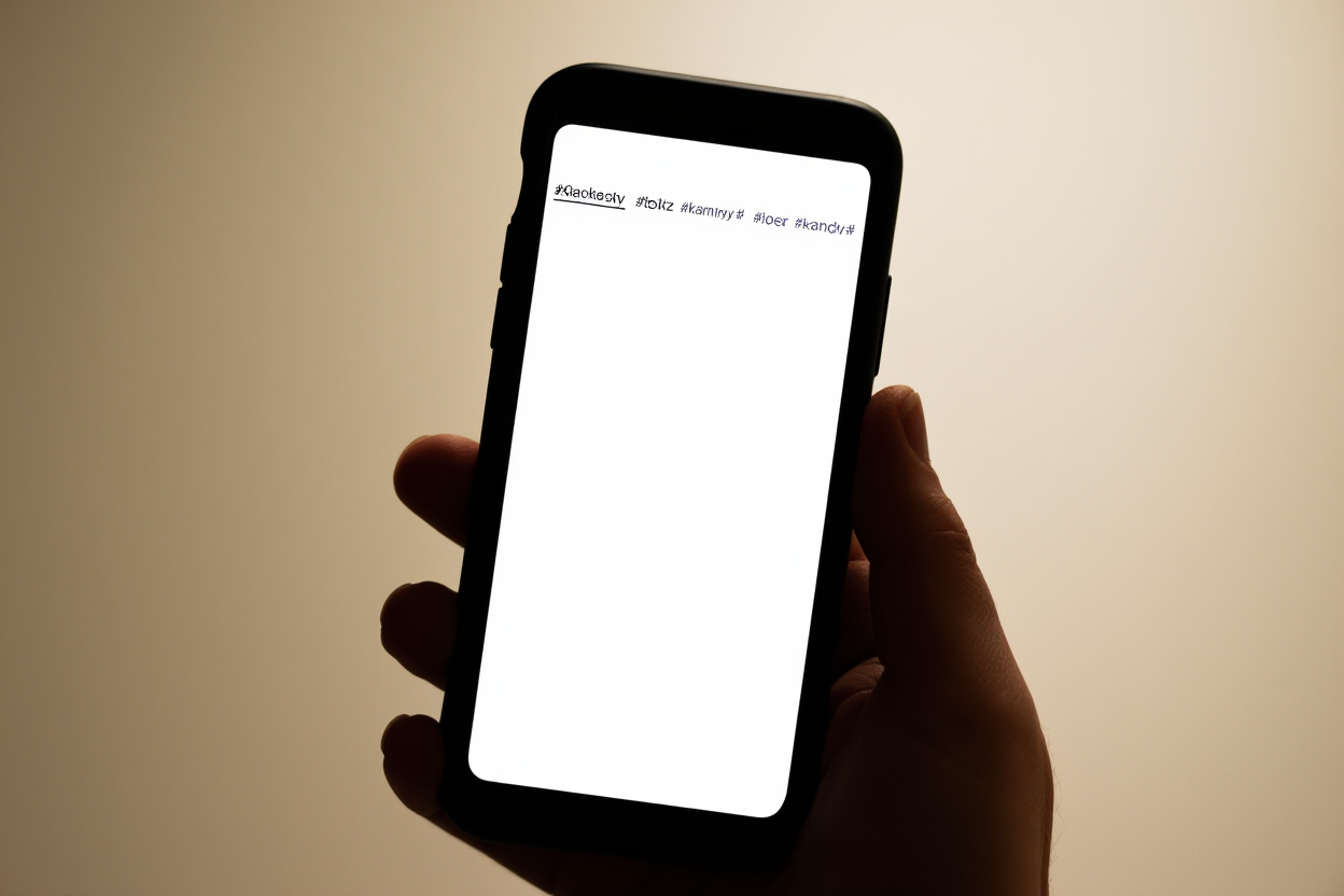 une main tenant un smartphone affichant une application de photos stock avec des étiquettes de mots-clés visibles à l'écran