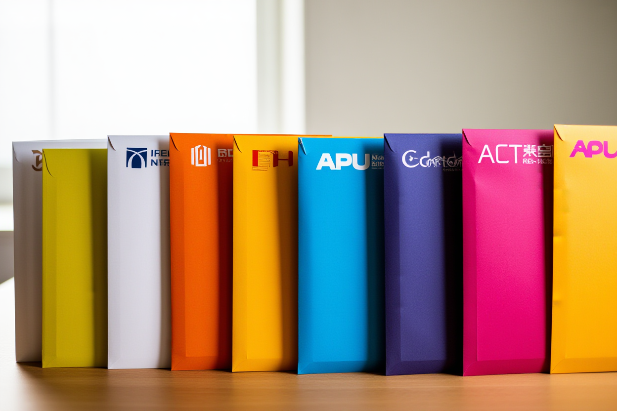 une rangée de pochettes de photos stock colorées étiquetées avec différents logos d'agences sur un bureau