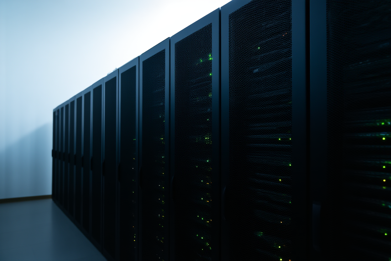 un rack de serveurs avec des lumières clignotantes symbolisant la distribution automatisée des données et le stockage cloud