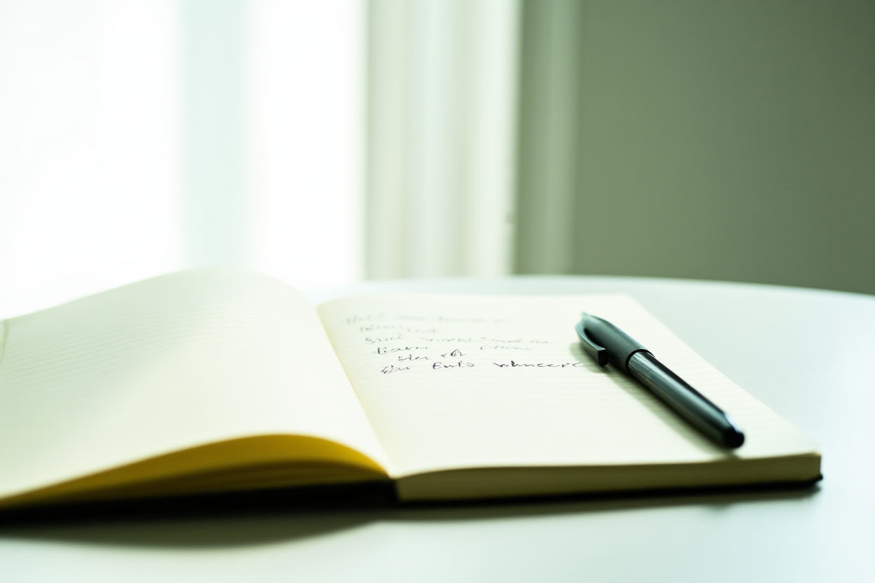 ein Notizbuch mit handschriftlichen Titelbeispielen neben einem Stift, weiches Tageslicht, Weitwinkelaufnahme
