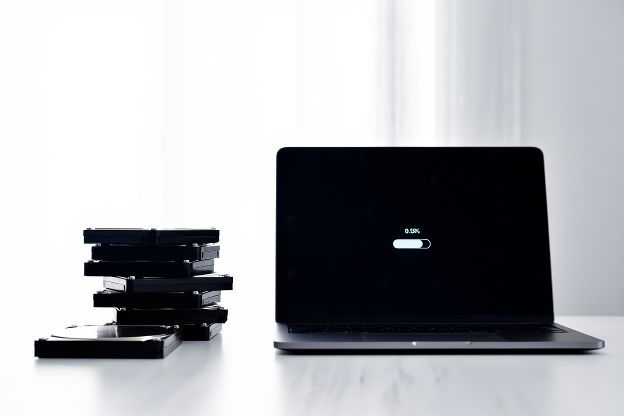 ein Stapel von Festplatten, die große Dateivolumina repräsentieren, neben einem Laptop mit Upload-Fortschritt, weiches Tageslicht, Weitwinkelaufnahme lan